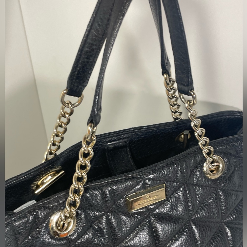 Kate Spade Black Quilted Leather Satchel Gold Chain Strap Multiple Compartments - Picture 5 of 16